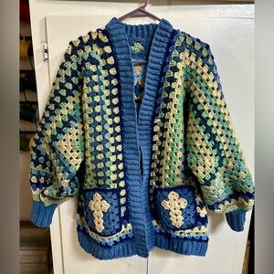 Blue & Cream Crochet Granny Cardigan Sweater
